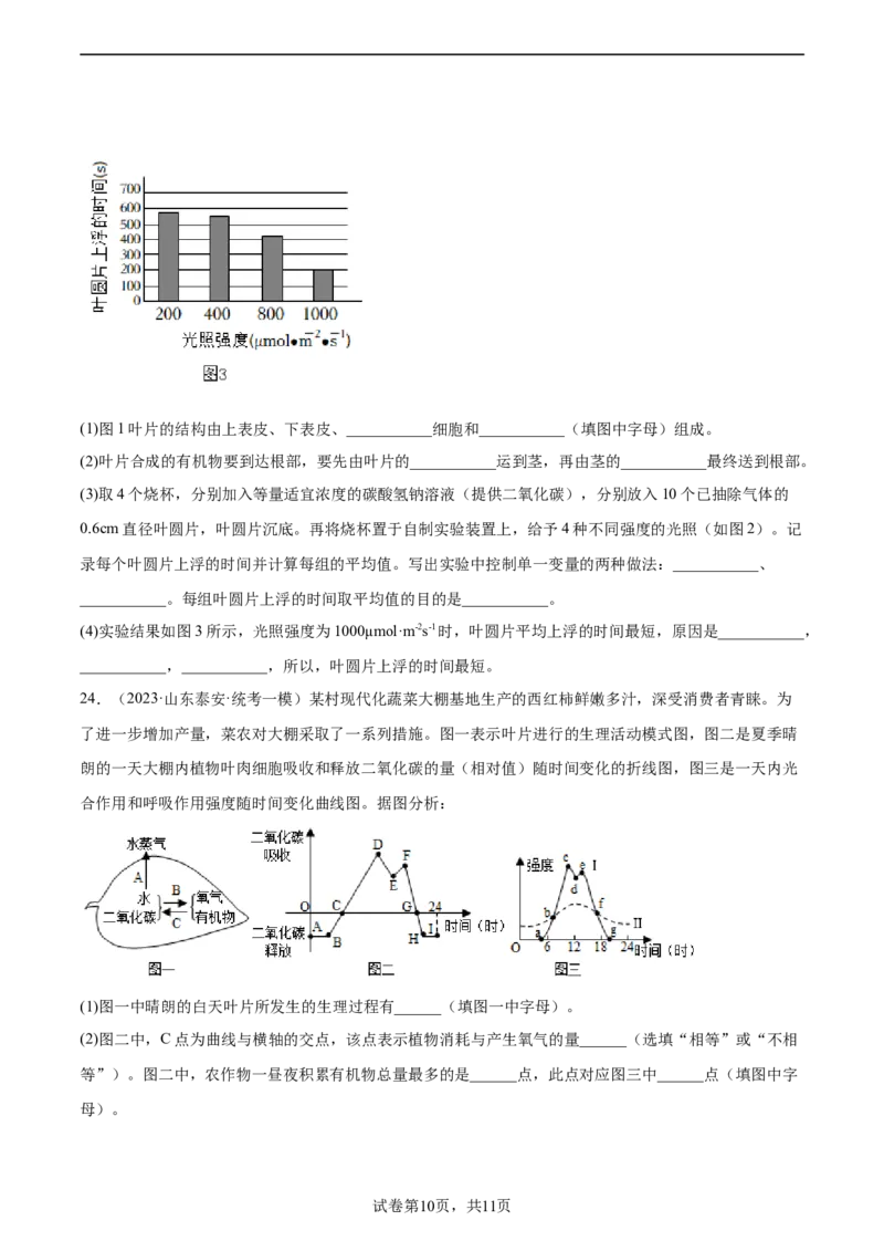 主题04植物的生活（原卷版）_6生物中考复习_2023年中考复习资料_二轮复习_2023年中考生物二轮复习讲练测_主题04植物的生活（测试）-2023年中考生物二轮复习讲练测_38943966