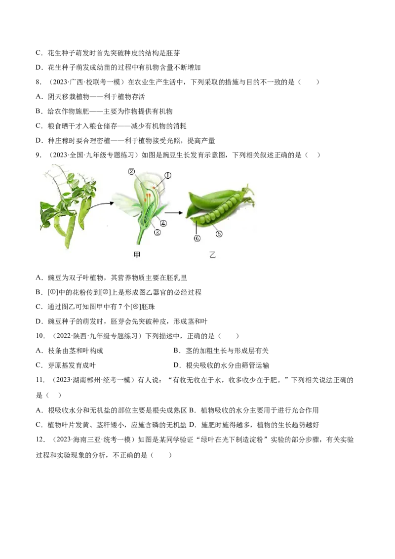 主题04植物的生活（原卷版）_6生物中考复习_2023年中考复习资料_二轮复习_2023年中考生物二轮复习讲练测_主题04植物的生活（测试）-2023年中考生物二轮复习讲练测_38943966