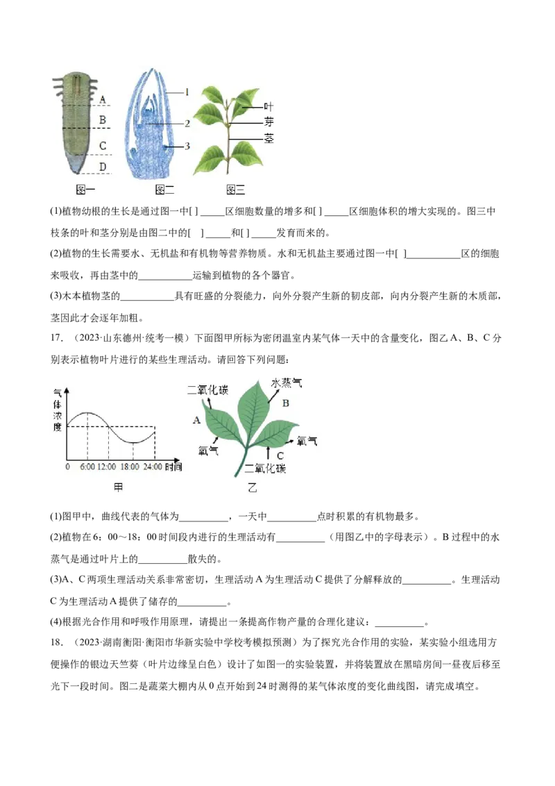 主题04植物的生活（原卷版）_6生物中考复习_2023年中考复习资料_二轮复习_2023年中考生物二轮复习讲练测_主题04植物的生活（测试）-2023年中考生物二轮复习讲练测_38943966