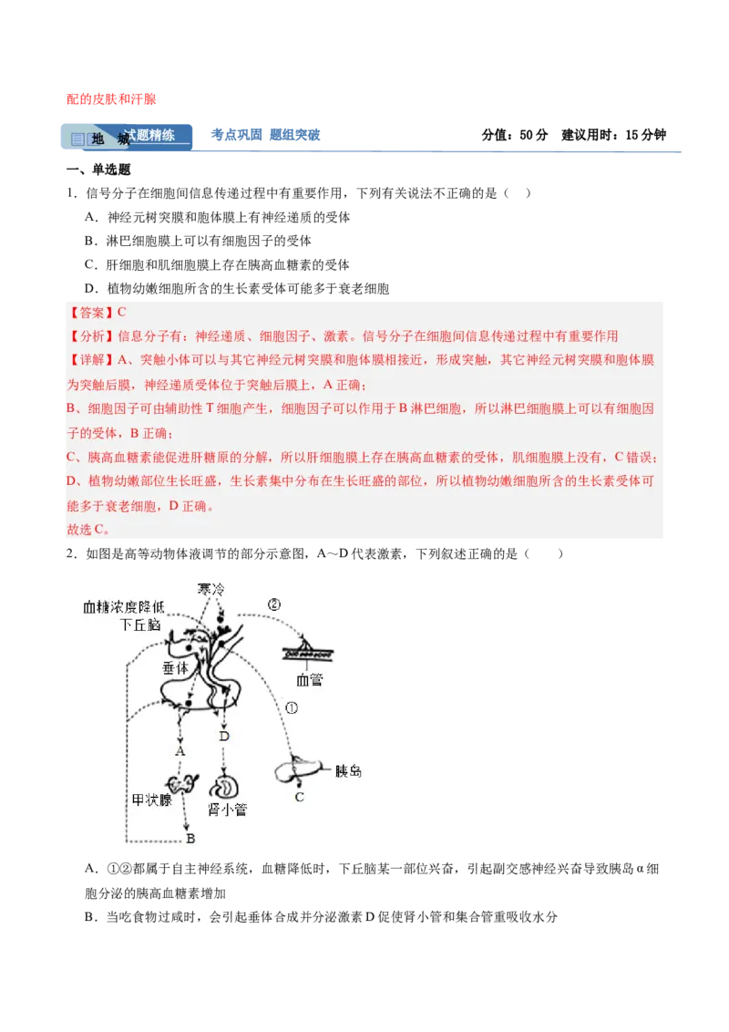 考点通关卷28动物生命活动调节的综合（解析版）_2025年新高考资料_一轮复习_2025年高考生物一轮复习考点通关卷（新高考通用）