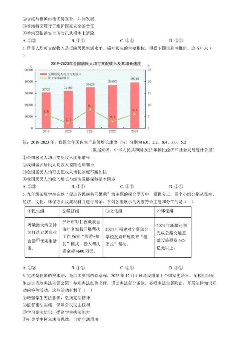 精品解析：2024年四川省泸州市中考道德与法治真题（原卷版）_new_9道法中考复习_2025中考复习资料_中考真题（近三年）_2024年中考政治真题