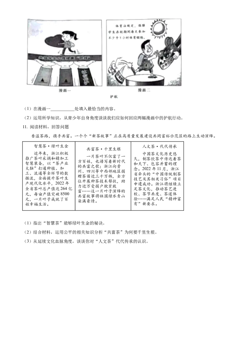 精品解析：2023年浙江省湖州市中考道德与法治真题（原卷版）_new_9道法中考复习_2025中考复习资料_中考真题（近三年）_2023年中考政治真题