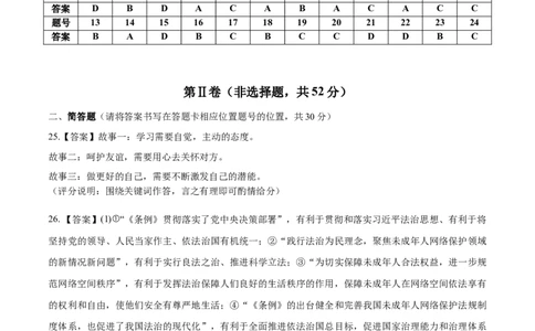 道德与法治（云南卷）（参考答案及评分标准）_9道法中考复习_2024年中考复习资料_中考模拟卷_二模_道德与法治（云南卷）-：2024年中考第二次模拟考试
