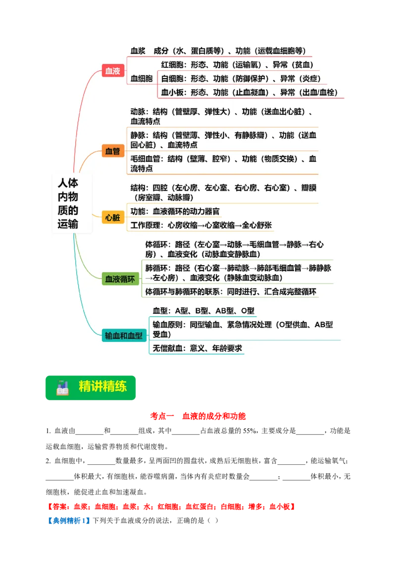 名师导航专题12人体内物质的运输--2026年中考生物一轮复习学案（解析版）_6生物中考复习_2026年中考复习（更新中）_2026年中考生物一轮复习学案（原版卷+解析版）