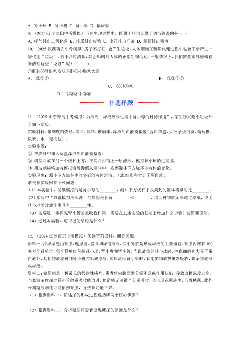 名师导航专题13人体内废物的排出--2026年中考生物一轮复习学案（原卷版）_6生物中考复习_2026年中考复习（更新中）_2026年中考生物一轮复习学案（原版卷+解析版）