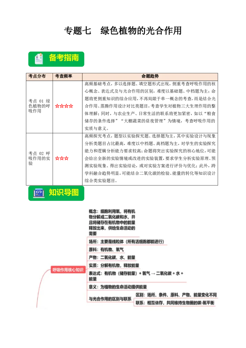 名师导航专题08绿色植物的呼吸作用--2026年中考生物一轮复习学案（解析版）_6生物中考复习_2026年中考复习（更新中）_2026年中考生物一轮复习学案（原版卷+解析版）