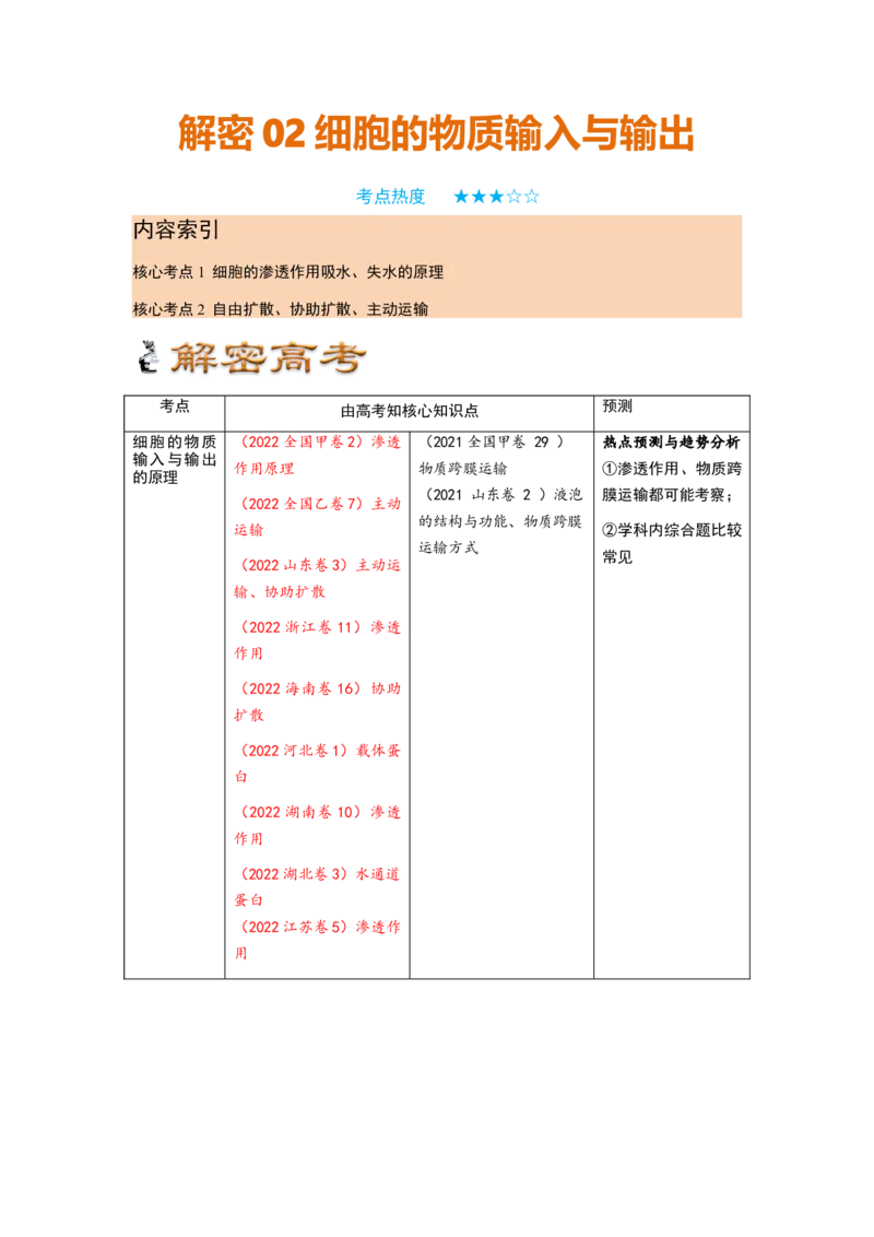 解密03细胞的物质输入和输出（讲义)（教师版）_新高考复习资料_2023年新高考复习资料_二轮复习_高频考点解密2023年高考生物二轮复习讲义+分层训练（全国通用）288808838