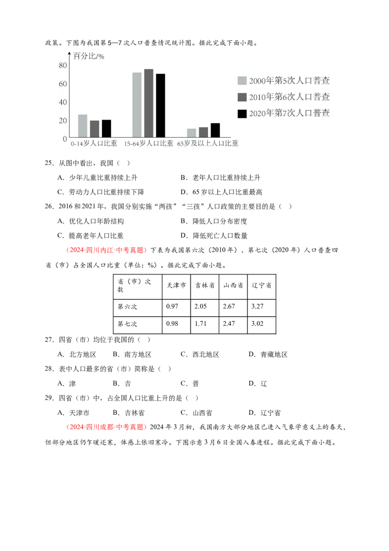 好题汇编2024年中考地理真题分类汇编09我国的疆域、行政区划与人口（原卷版）_7地理中考复习_2025中考复习资料_备战20252024年中考地理真题分类汇编