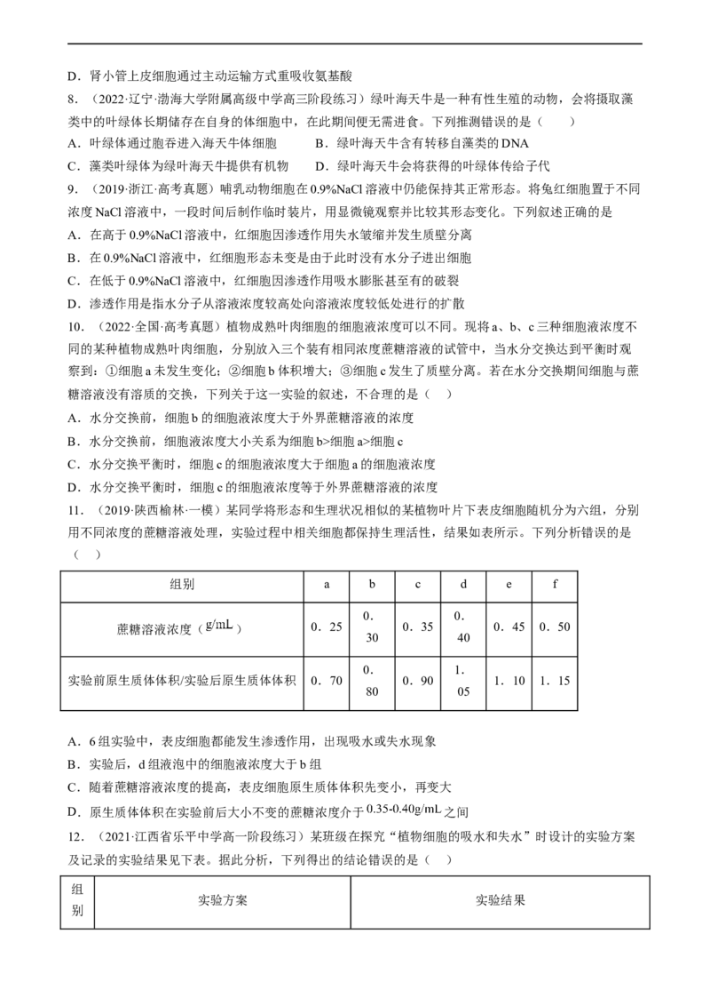 解密03细胞的物质输入和输出（分层训练)（原卷版）_通用版（老高考）复习资料_2023年复习资料_二轮复习_高频考点解密2023年高考生物二轮复习讲义+分层训练（全国通用）