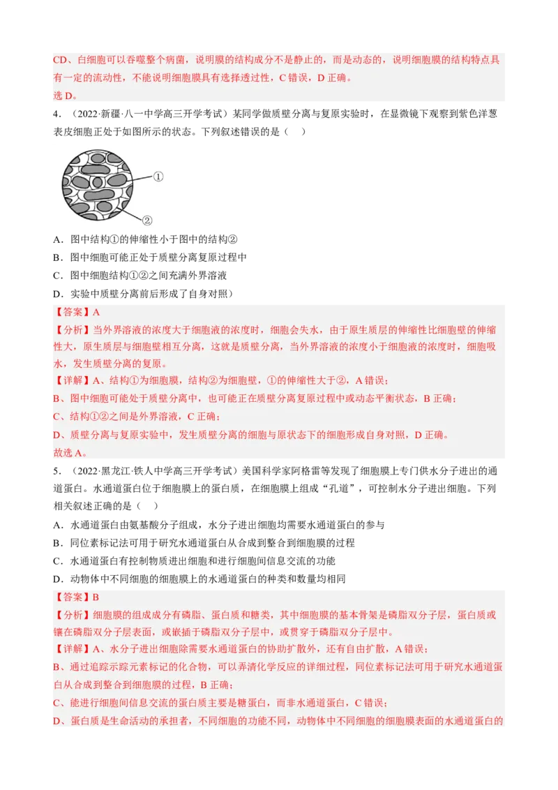 解密03细胞的物质输入和输出（分层训练)（解析版）_新高考复习资料_2023年新高考复习资料_二轮复习_高频考点解密2023年高考生物二轮复习讲义+分层训练（全国通用）288808838