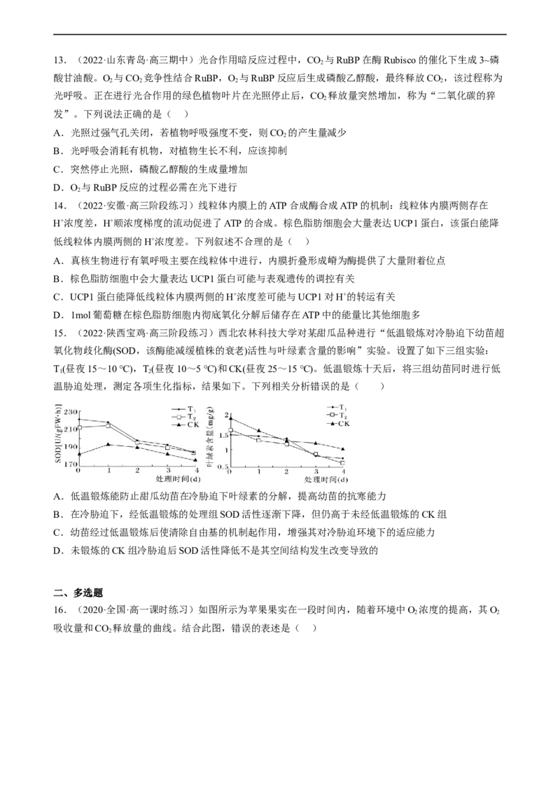 解密04细胞的能量供应和利用（分层训练)（原卷版）_通用版（老高考）复习资料_2023年复习资料_二轮复习_高频考点解密2023年高考生物二轮复习讲义+分层训练（全国通用）