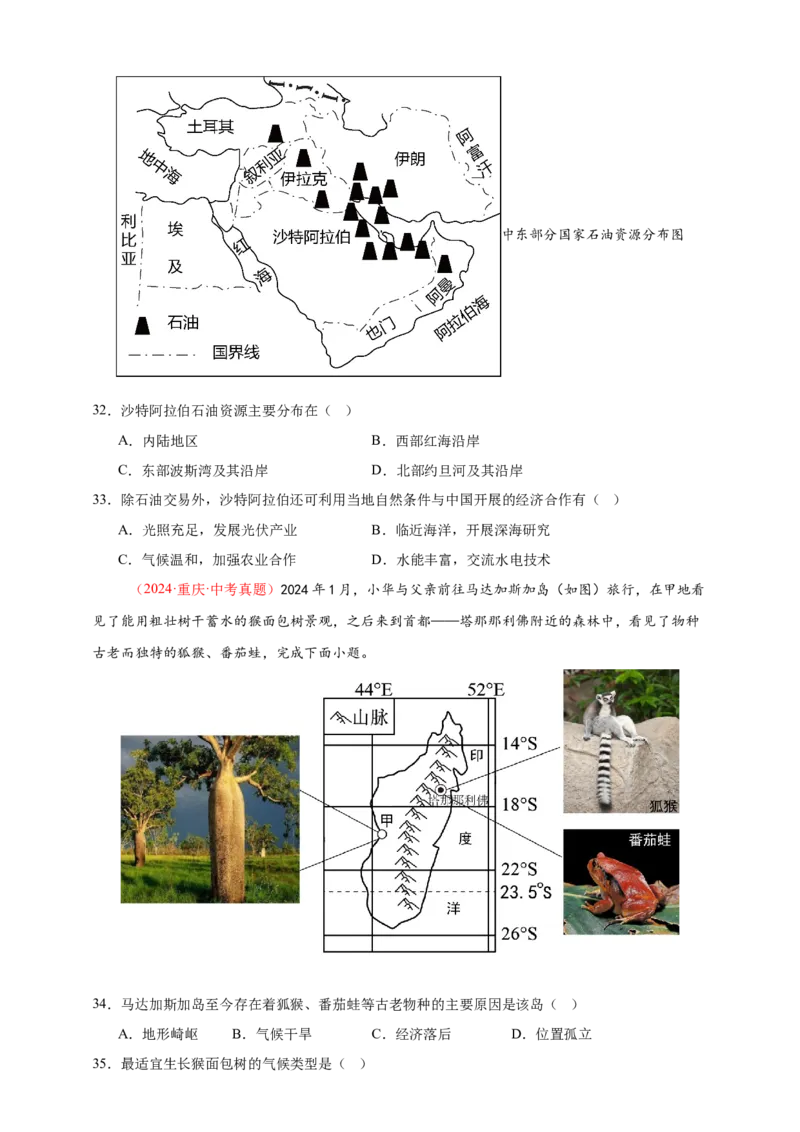 好题汇编2024年中考地理真题分类汇编07东半球其他地区和国家（原卷版）_7地理中考复习_2025中考复习资料_备战20252024年中考地理真题分类汇编