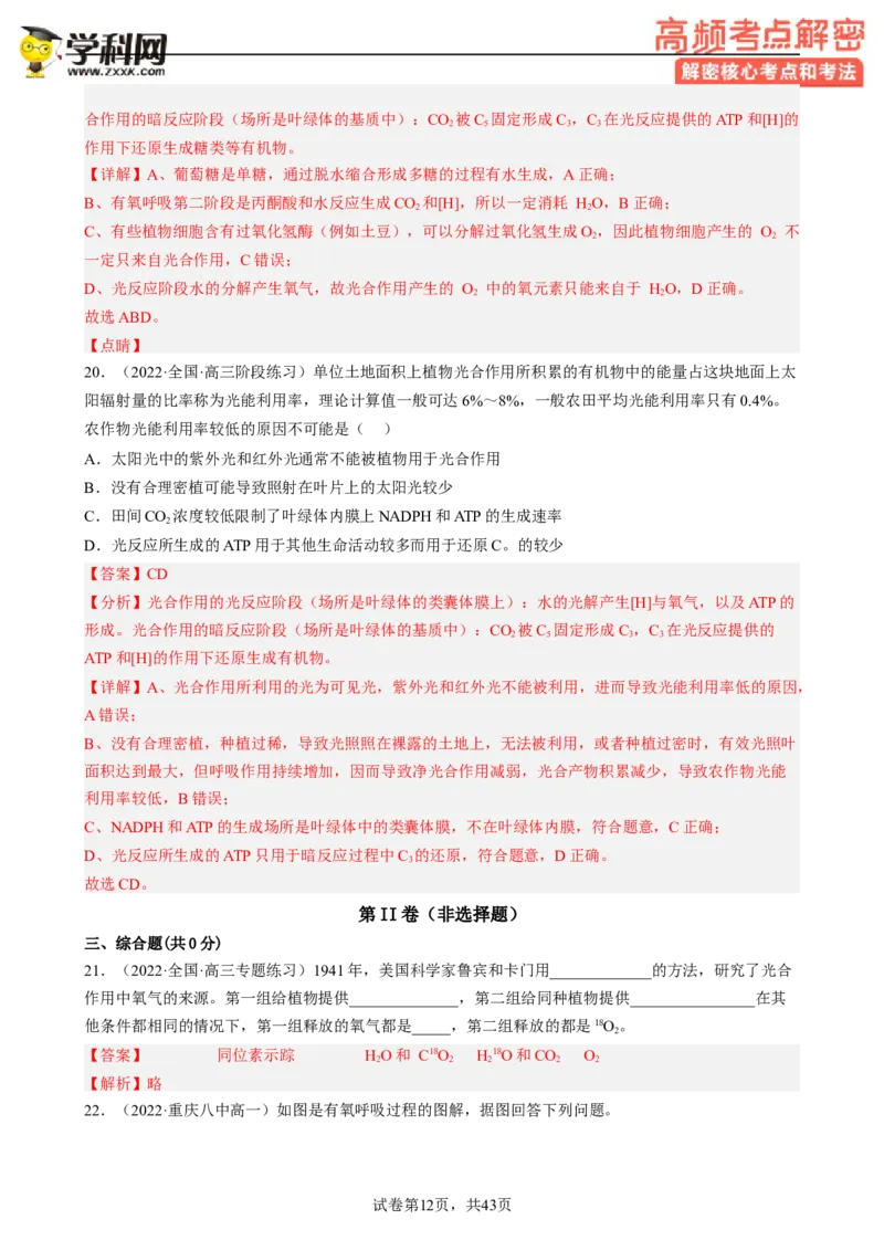 解密04细胞的能量供应和利用（分层训练)（解析版）_新高考复习资料_2023年新高考复习资料_二轮复习_高频考点解密2023年高考生物二轮复习讲义+分层训练（全国通用）288808838