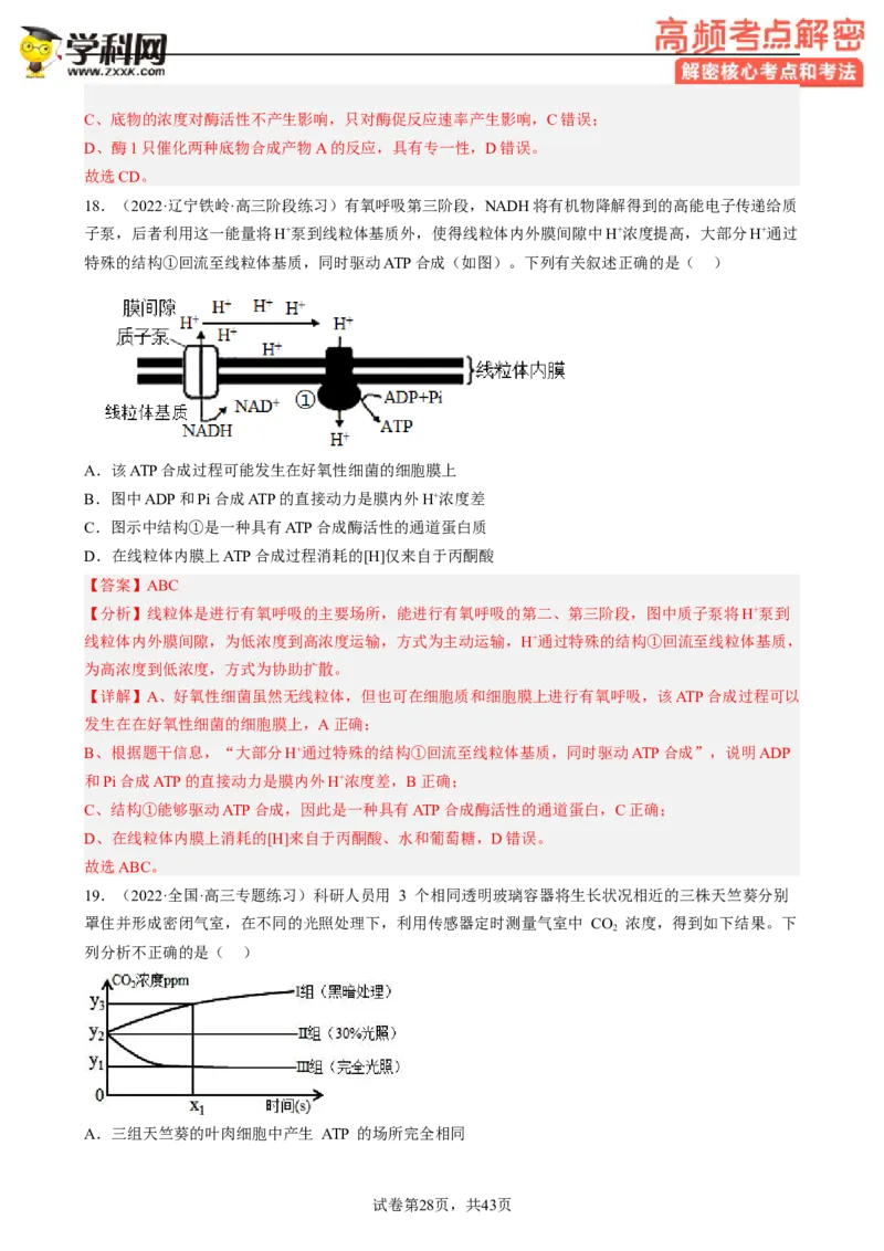 解密04细胞的能量供应和利用（分层训练)（解析版）_新高考复习资料_2023年新高考复习资料_二轮复习_高频考点解密2023年高考生物二轮复习讲义+分层训练（全国通用）288808838