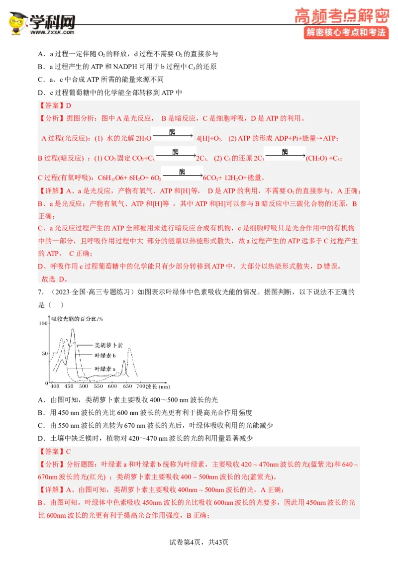 解密04细胞的能量供应和利用（分层训练)（解析版）_新高考复习资料_2023年新高考复习资料_二轮复习_高频考点解密2023年高考生物二轮复习讲义+分层训练（全国通用）288808838