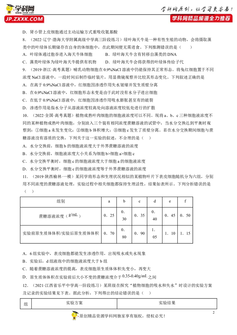解密03细胞的物质输入和输出（分层训练)（原卷版）_新高考复习资料_2023年新高考复习资料_二轮复习_高频考点解密2023年高考生物二轮复习讲义+分层训练（全国通用）288808838