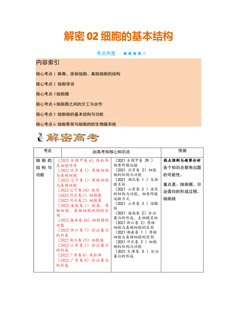 解密02细胞的基本结构（讲义)（学生版）_新高考复习资料_2023年新高考复习资料_二轮复习_高频考点解密2023年高考生物二轮复习讲义+分层训练（全国通用）288808838