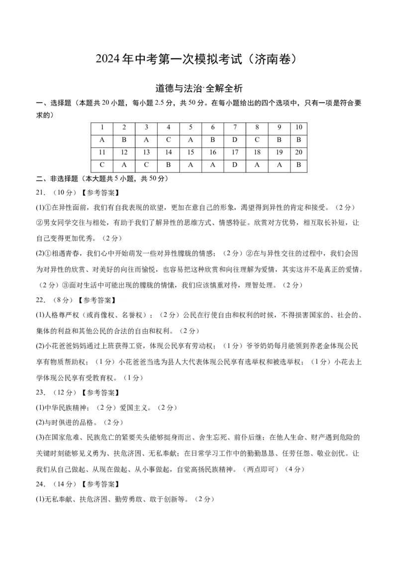 道德与法治（济南卷）（参考答案及评分标准）_9道法中考复习_2024年中考复习资料_中考模拟卷_一模_道德与法治（山东济南卷）-2024年中考第一次模拟考试
