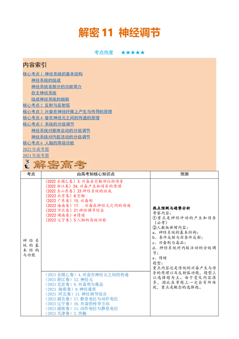 解密11神经调节（讲义)（教师版）_新高考复习资料_2023年新高考复习资料_二轮复习_高频考点解密2023年高考生物二轮复习讲义+分层训练（全国通用）288808838