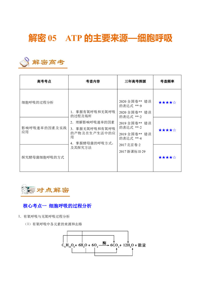 解密05ATP的主要来源&mdash;&mdash;细胞呼吸（讲义）-高频考点解密2021年高考生物二轮复习讲义+分层训练_新高考复习资料_2021年新高考资料