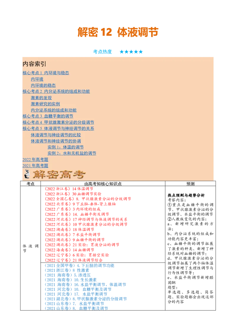 解密12体液调节（讲义)（学生版）_新高考复习资料_2023年新高考复习资料_二轮复习_高频考点解密2023年高考生物二轮复习讲义+分层训练（全国通用）288808838