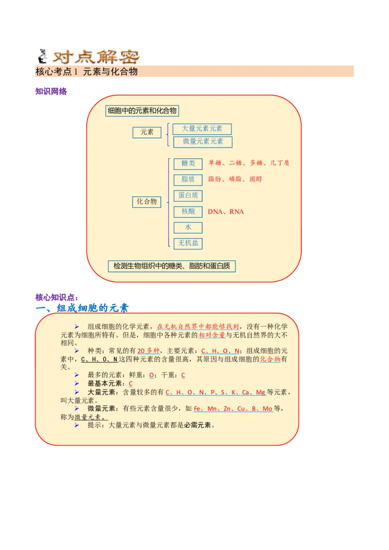解密01组成细胞的元素与化合物（讲义）（学生版）_通用版（老高考）复习资料_2023年复习资料_二轮复习_高频考点解密2023年高考生物二轮复习讲义+分层训练（全国通用）