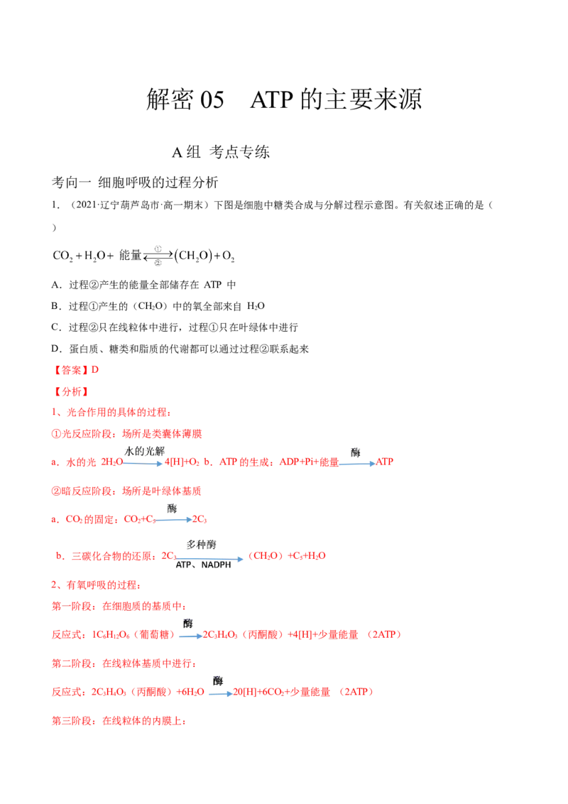 解密05ATP的主要来源（分层训练）（解析版）_新高考复习资料_2021年新高考资料_高频考点解密2021年高考生物二轮复习讲义+分层训练4.7更新