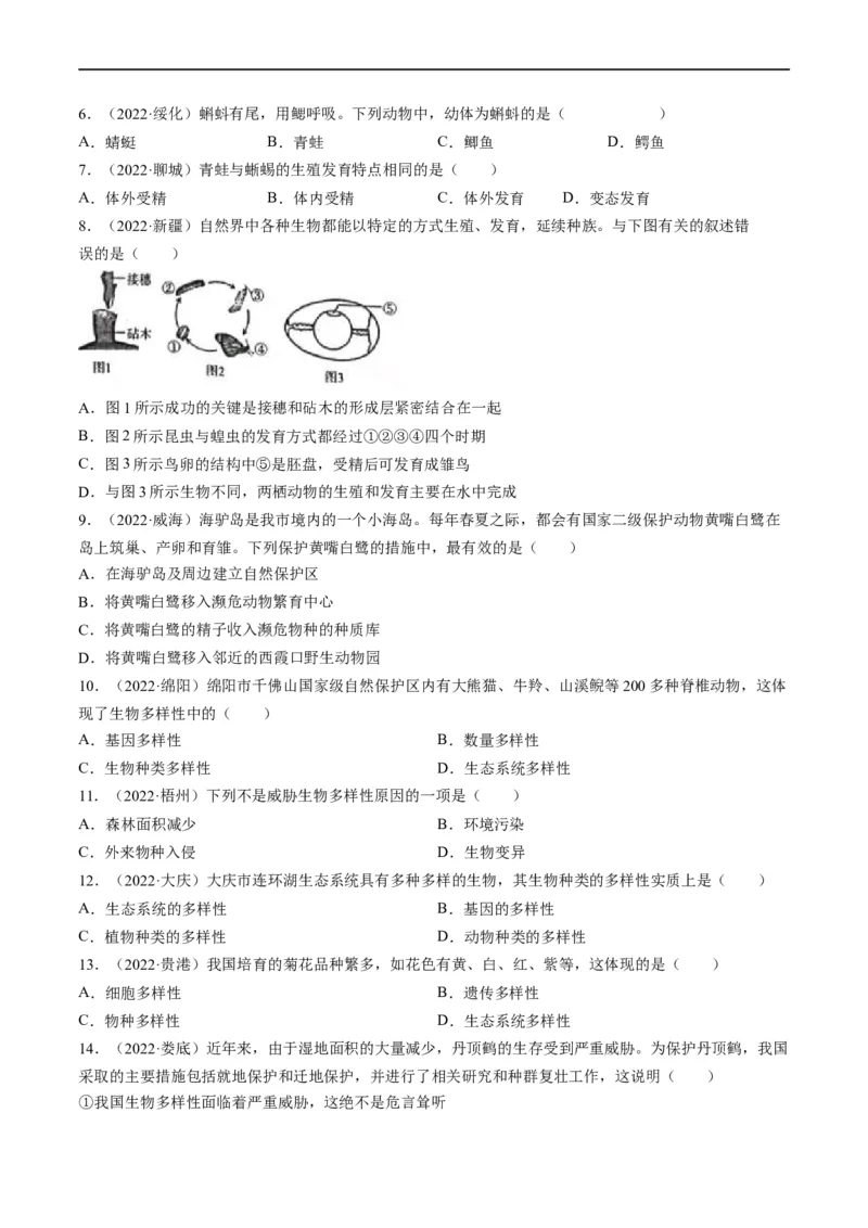 热点04两栖类的生殖发育及生物的多样性-2023年中考生物热点&middot;重点&middot;难点专练（全国通用）（原卷版）_6生物中考复习_2023年中考复习资料_专项复习