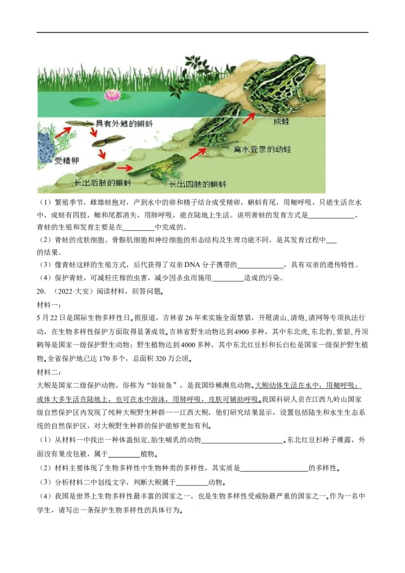 热点04两栖类的生殖发育及生物的多样性-2023年中考生物热点&middot;重点&middot;难点专练（全国通用）（原卷版）_6生物中考复习_2023年中考复习资料_专项复习