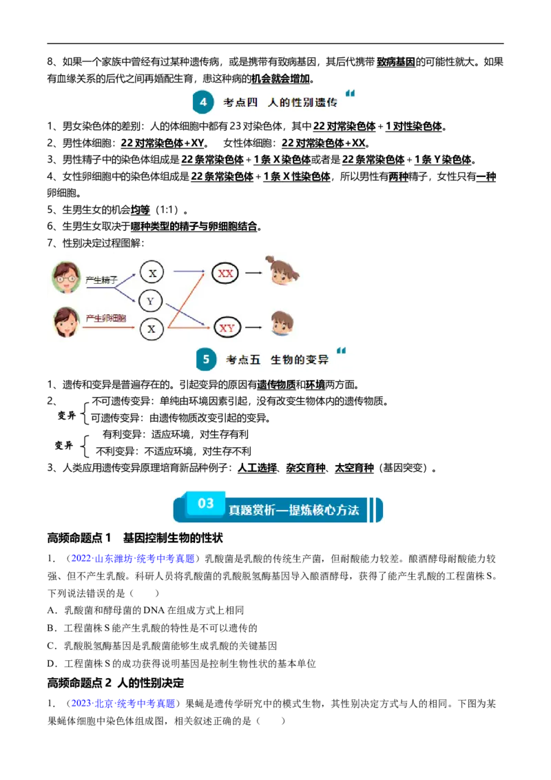 清单13生物的遗传和变异（5大考点+6大高频命题点（学生版）_6生物中考复习_2024年中考复习资料_一轮复习资料_完口袋书2024年中考生物一轮复习知识清单