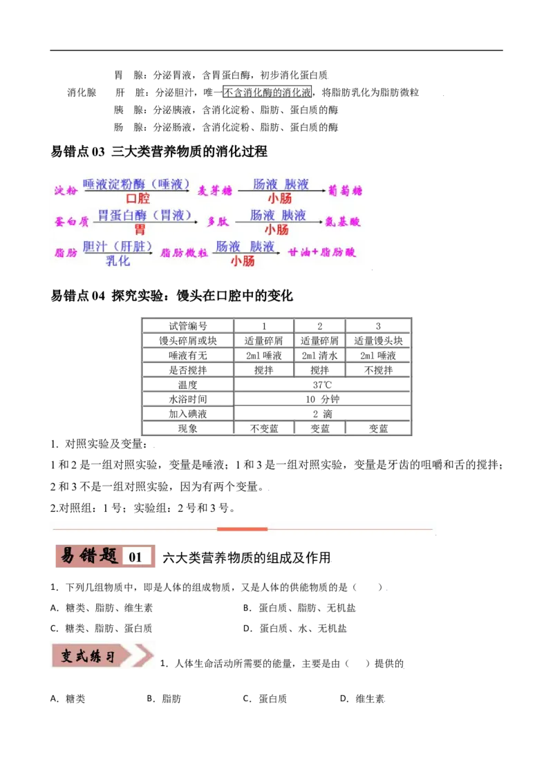 易错点08人体的营养-备战2022年中考生物考试易错题（原卷版）_6生物中考复习_2023年中考复习资料_专项复习_备战2022年中考生物考试易错题