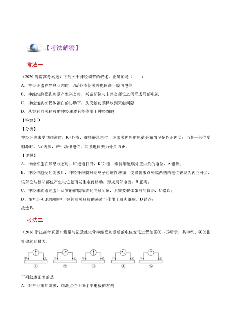 解密16神经调节（讲义）-高频考点解密2021年高考生物二轮复习讲义+分层训练_新高考复习资料_2021年新高考资料_高频考点解密2021年高考生物二轮复习讲义+分层训练4.7更新