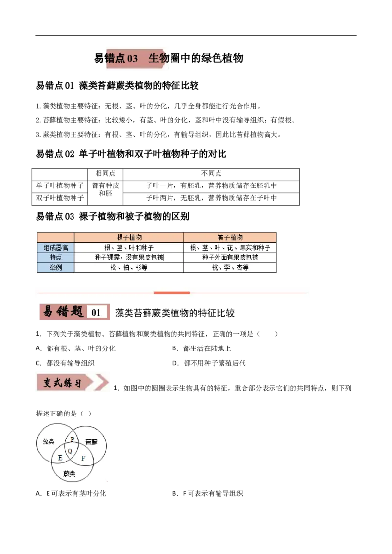 易错点03生物圈中的绿色植物-备战2022年中考生物考试易错题（原卷版）_6生物中考复习_2023年中考复习资料_专项复习_备战2022年中考生物考试易错题