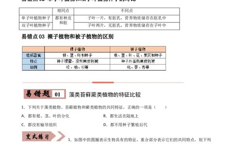 易错点03生物圈中的绿色植物-备战2022年中考生物考试易错题（原卷版）_6生物中考复习_2023年中考复习资料_专项复习_备战2022年中考生物考试易错题