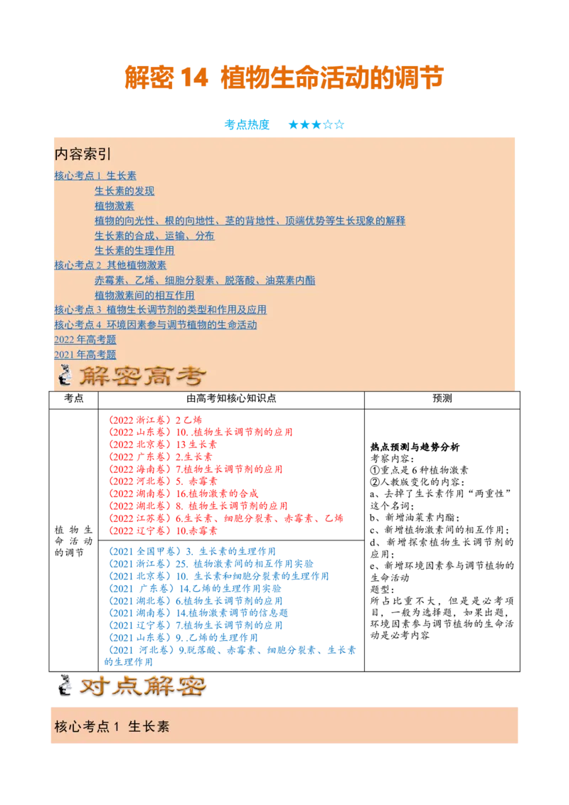 解密14植物生命活动的调节（讲义)（教师版）_新高考复习资料_2023年新高考复习资料_二轮复习_高频考点解密2023年高考生物二轮复习讲义+分层训练（全国通用）288808838