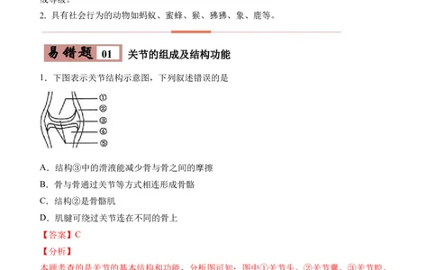 易错点15动物的运动和行为-备战2022年中考生物考试易错题（解析版）_6生物中考复习_2023年中考复习资料_专项复习_备战2022年中考生物考试易错题