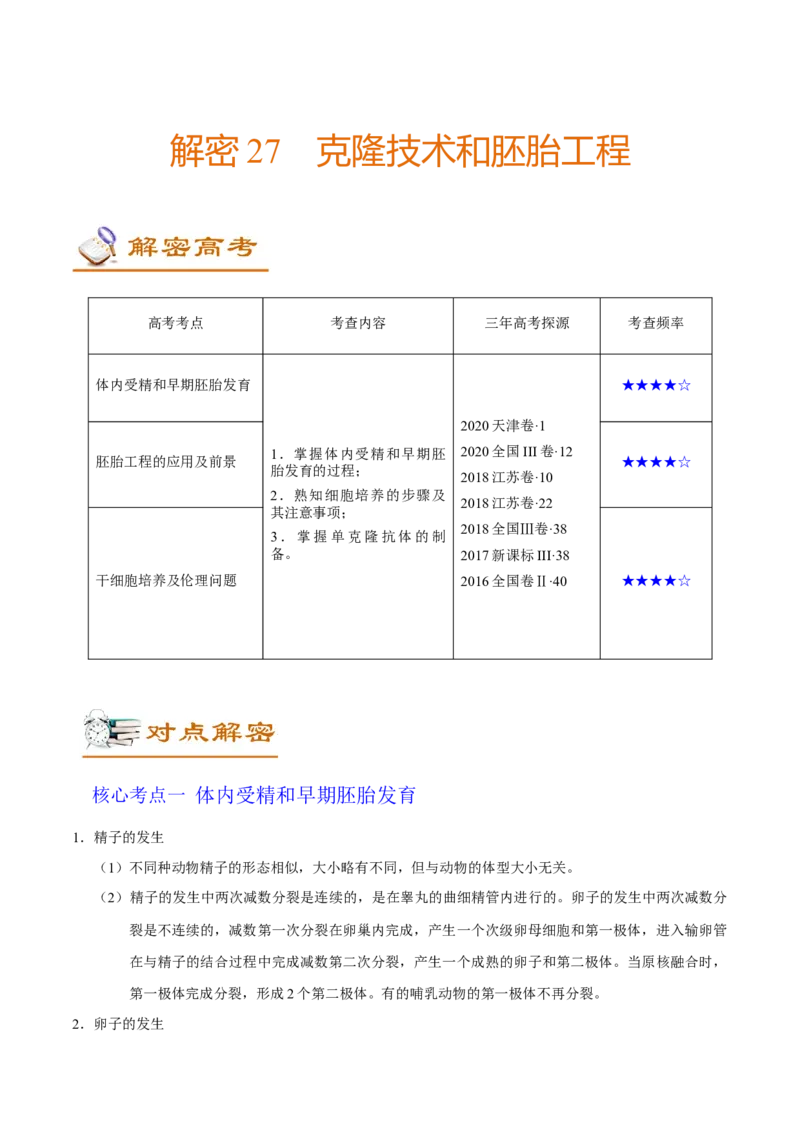 解密27克隆技术和胚胎工程（讲义）-高频考点解密2021年高考生物二轮复习讲义+分层训练_新高考复习资料_2021年新高考资料