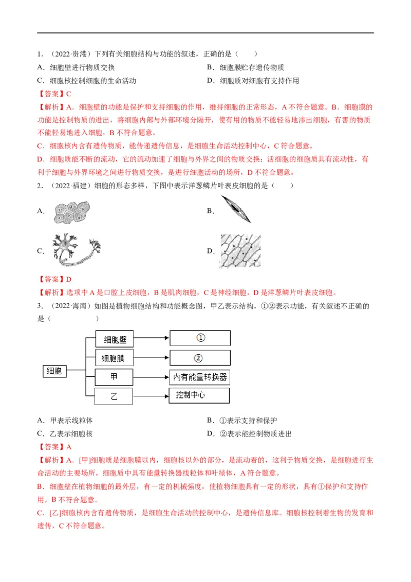 热点01植物的细胞结构及开花和结果-2023年中考生物热点&middot;重点&middot;难点专练（全国通用）（解析版）_6生物中考复习_2023年中考复习资料_专项复习
