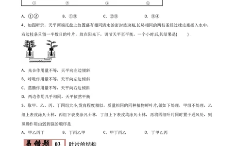 易错点05绿色植物的水循环-备战2022年中考生物考试易错题（原卷版）_6生物中考复习_2023年中考复习资料_专项复习_备战2022年中考生物考试易错题