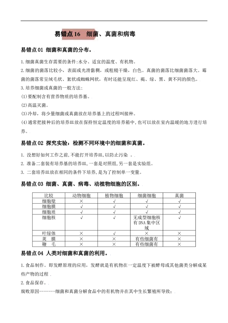 易错点16细菌、真菌和病毒-备战2022年中考生物考试易错题（解析版）_6生物中考复习_2023年中考复习资料_专项复习_备战2022年中考生物考试易错题