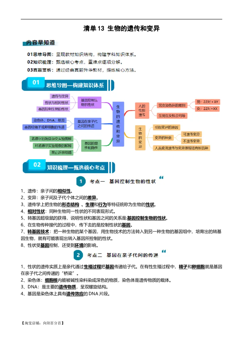 清单13生物的遗传和变异（5大考点+6大高频命题点）（教师版）_6生物中考复习_2024年中考复习资料_一轮复习资料_完口袋书2024年中考生物一轮复习知识清单_教师版（含答案解析）