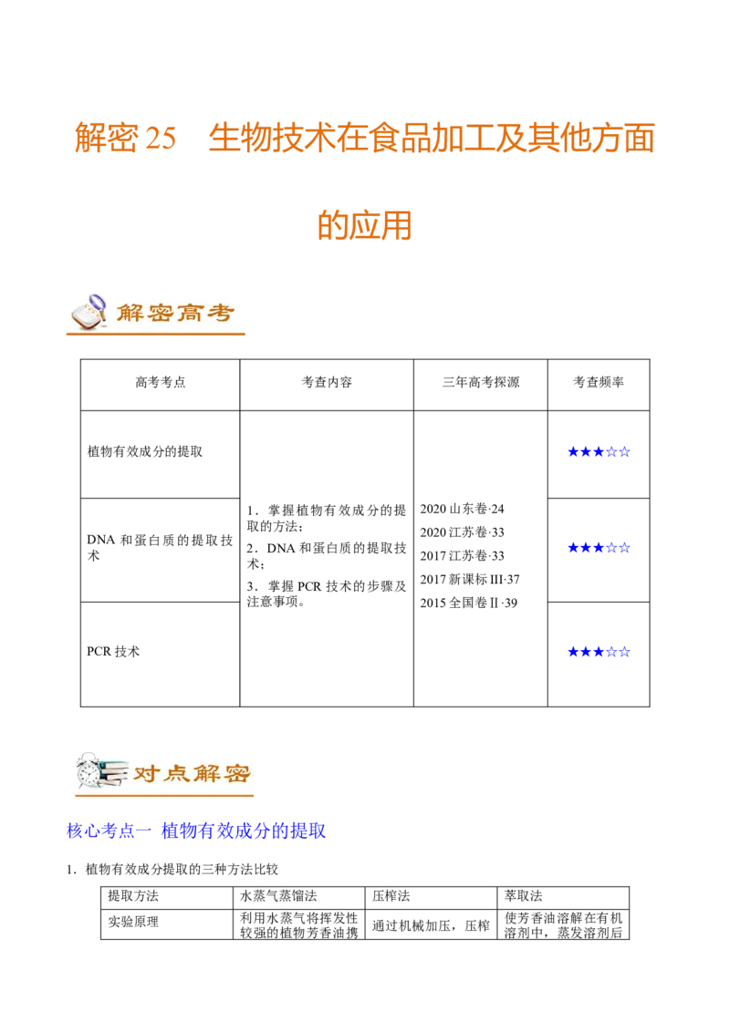 解密25生物技术在食品加工及其他方面的应用（讲义）-高频考点解密2021年高考生物二轮复习讲义+分层训练_新高考复习资料_2021年新高考资料