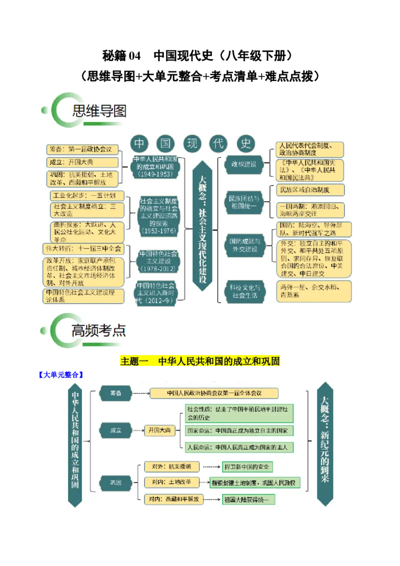 秘籍04++中国现代史（八下）（思维导图+大单元整合+考点清单+难点点拨）-备战2024年中考历史抢分秘籍（全国通用）_8历史中考复习_2024年中考复习资料_三轮复习_考前抢分法宝