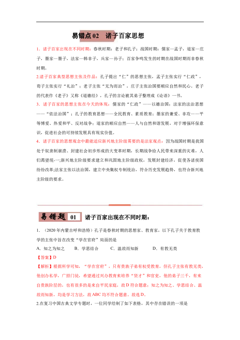 易错点02诸子百家思想-备战2023年中考历史一轮复习易错题_8历史中考复习_2023年中考复习资料_一轮复习_备战2023年中考历史一轮复习易错题-----