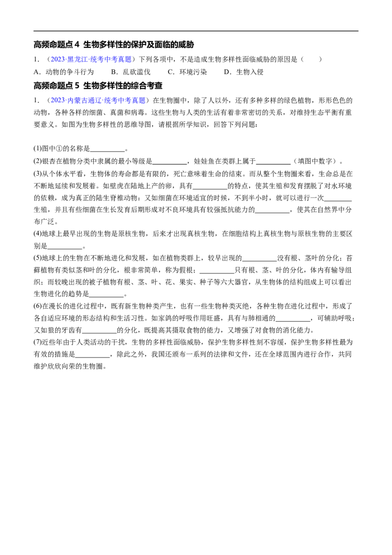 清单11生物的多样性及其保护（3大考点+5大高频命题点（学生版）_6生物中考复习_2024年中考复习资料_一轮复习资料_完口袋书2024年中考生物一轮复习知识清单