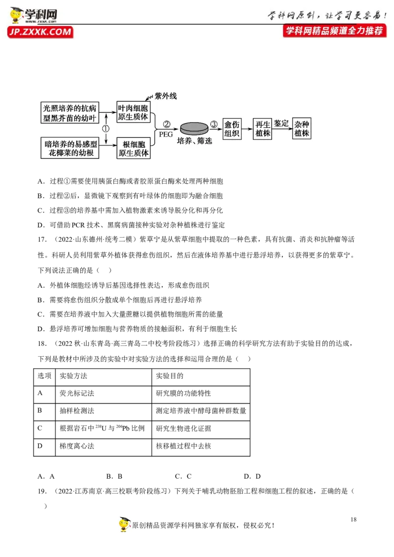 解密18细胞工程（分层训练)（原版卷）_新高考复习资料_2023年新高考复习资料_二轮复习_高频考点解密2023年高考生物二轮复习讲义+分层训练（全国通用）288808838