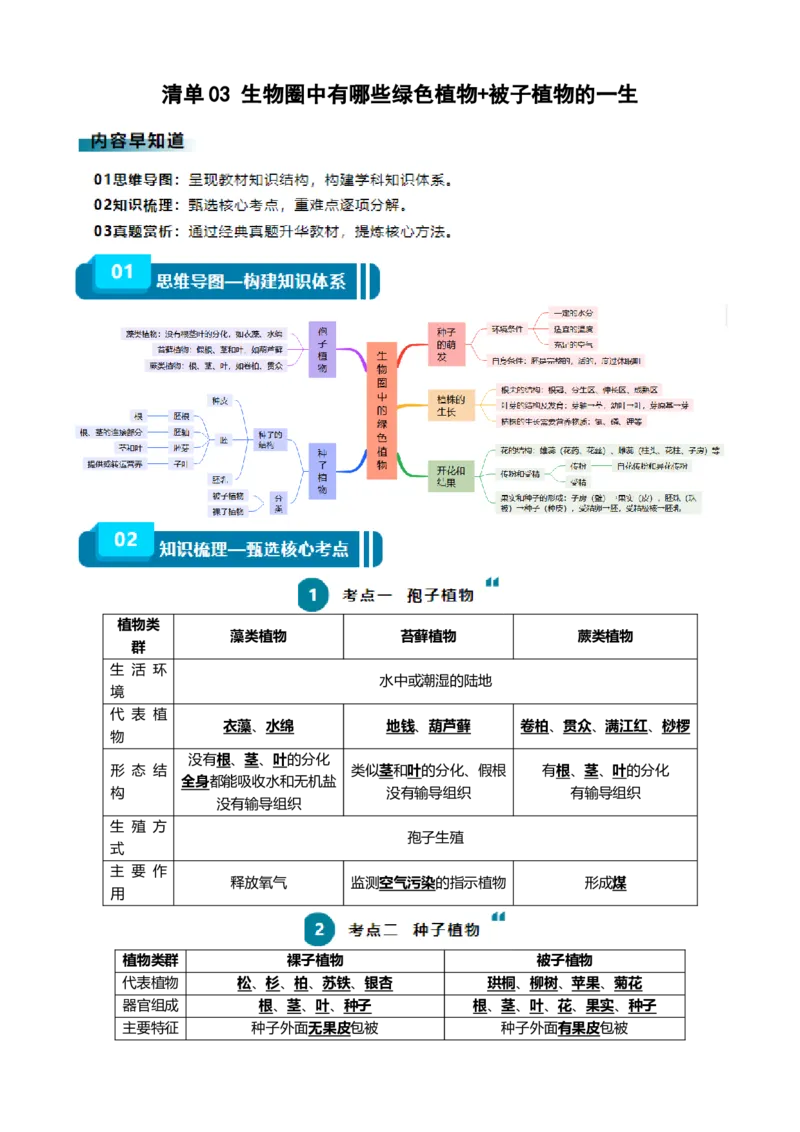清单03生物圈中有哪些绿色植物+被子植物的一生（6大考点+6大高频命题点）（学生版）_6生物中考复习_2024年中考复习资料_一轮复习资料_完口袋书2024年中考生物一轮复习知识清单