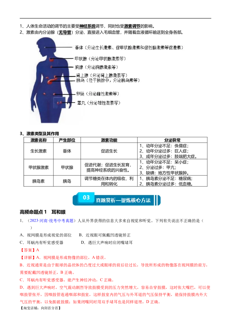 清单07人体生命活动的调节（5大考点+6大高频命题点）（教师版）_6生物中考复习_2024年中考复习资料_一轮复习资料_完口袋书2024年中考生物一轮复习知识清单