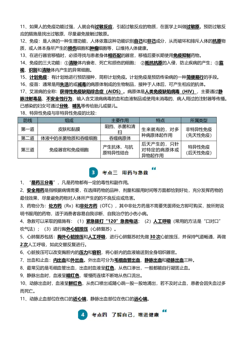 清单15健康地生活（4大考点+7大高频命题点（学生版）_6生物中考复习_2024年中考复习资料_一轮复习资料_完口袋书2024年中考生物一轮复习知识清单