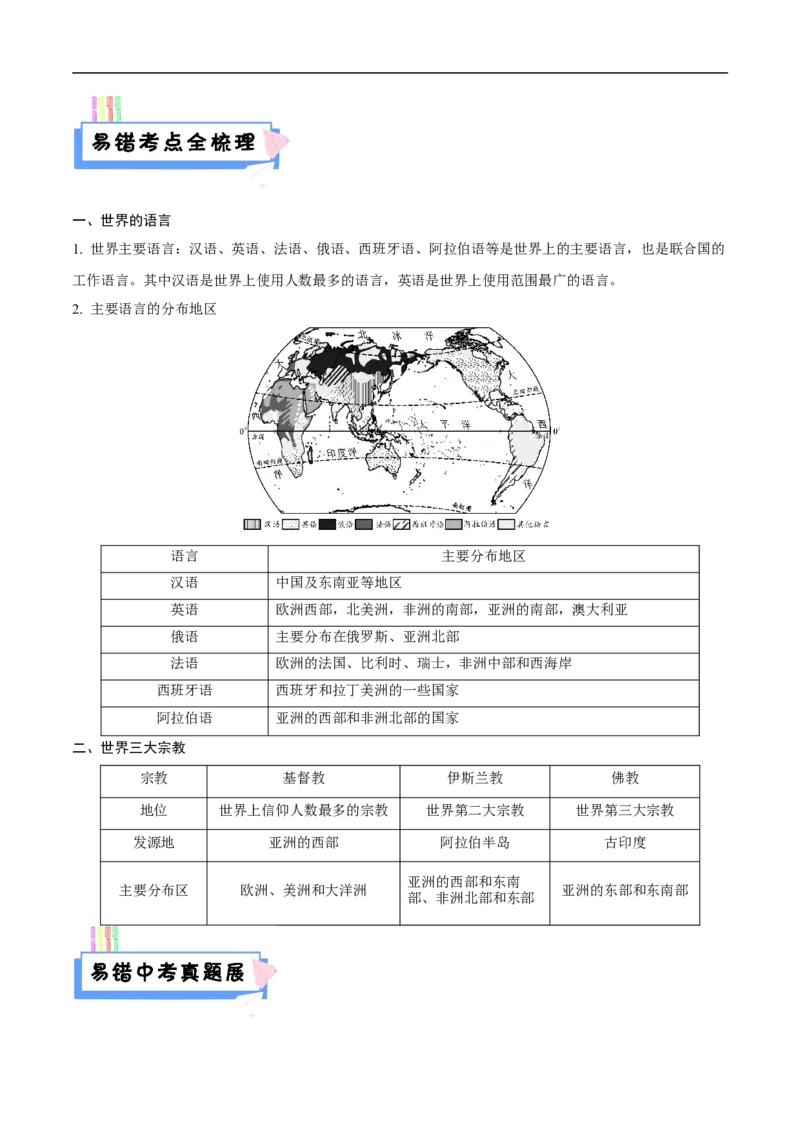 易错点07世界地理之人文篇-备战2023年中考地理考试易错题（原卷版）_7地理中考复习_2023年中考复习资料_专项复习_备战2023年中考地理考试易错题